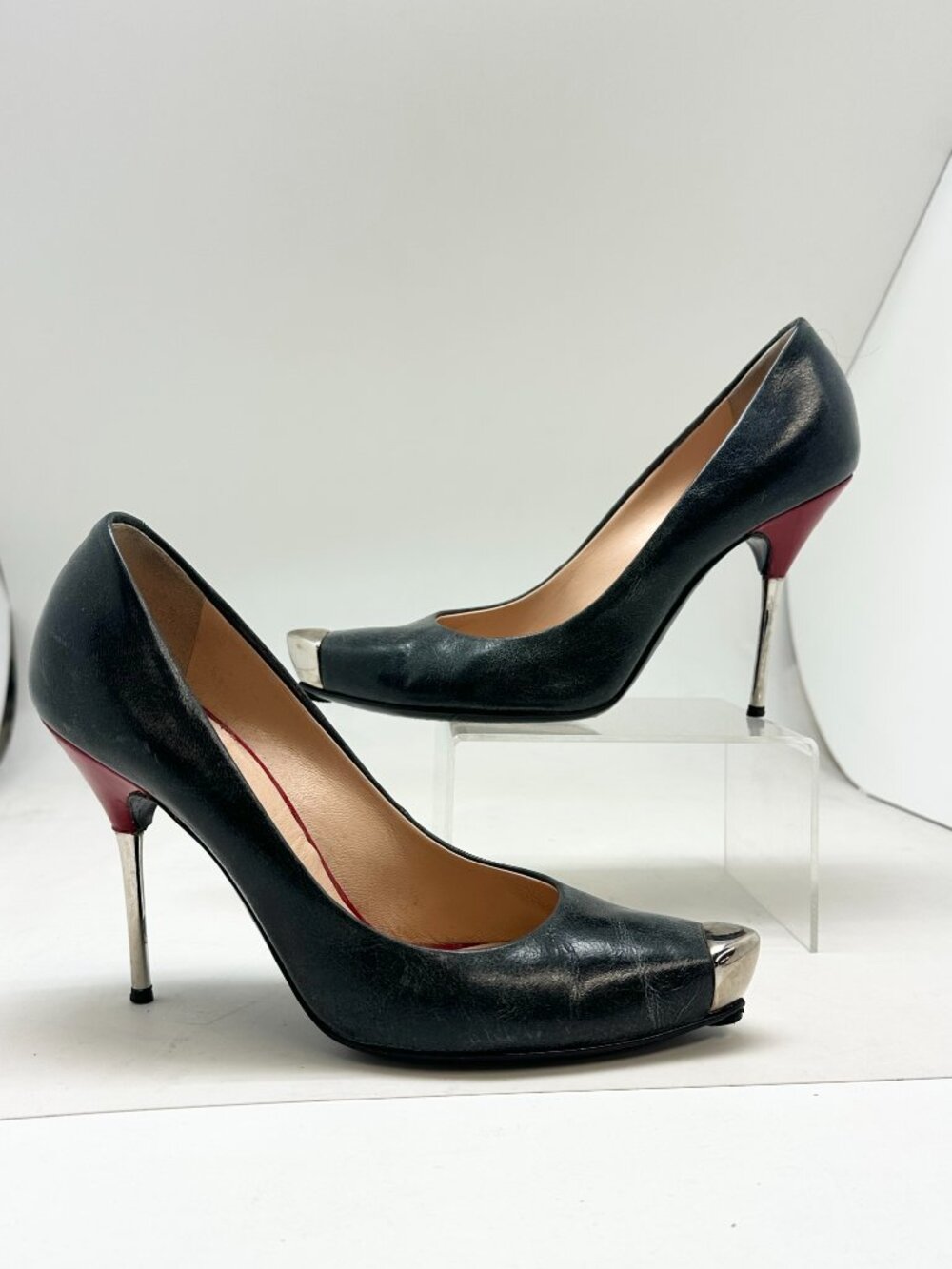 Giuseppe Zanotti Black Leather Silver Steel Toe Pumps EU 37